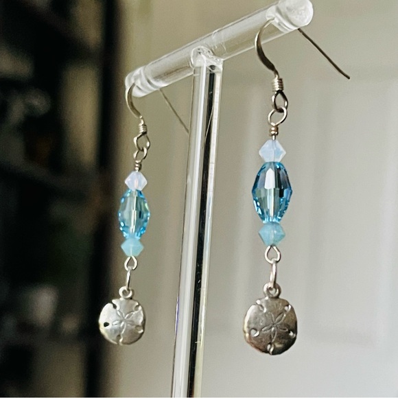 Sterling Silver Sand Dollar Blue Crystal Drop Dangle Earrings - Picture 7 of 8